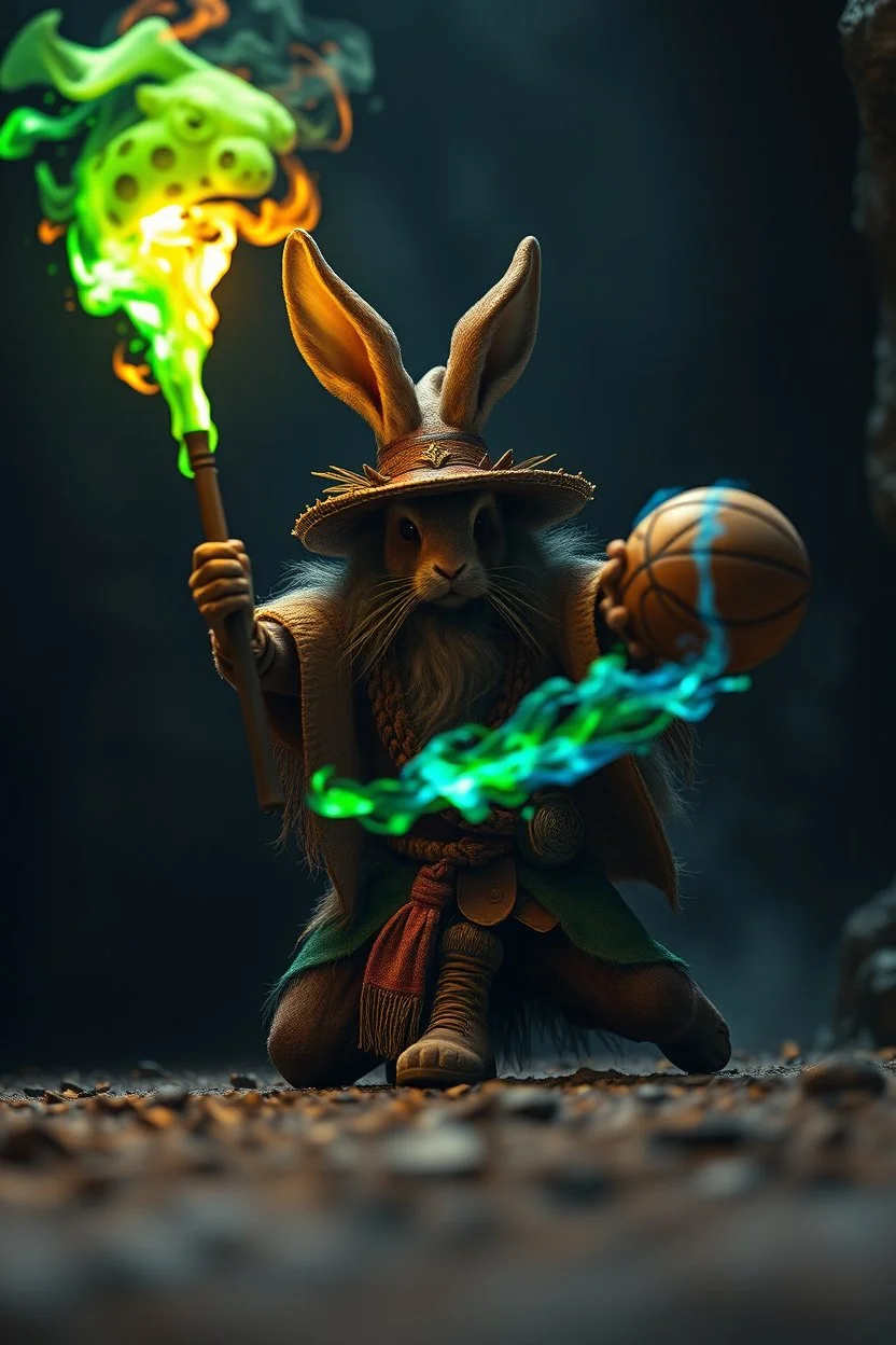 Haraberget big fast killer basketball bunny in background, magic swirl, strong winds, true grit, reggae rasta native stand off fast draw poncho cowboy wizard on knees hurt punching green and blue fire ball whip while taking sight wand slinger, in dark cave ,bokeh like f/0.8, tilt-shift lens 8k, dead wizard in dark cave ,bokeh like f/0.8, tilt-shift lens 8k, high detail, smooth render, down-light, unreal engine