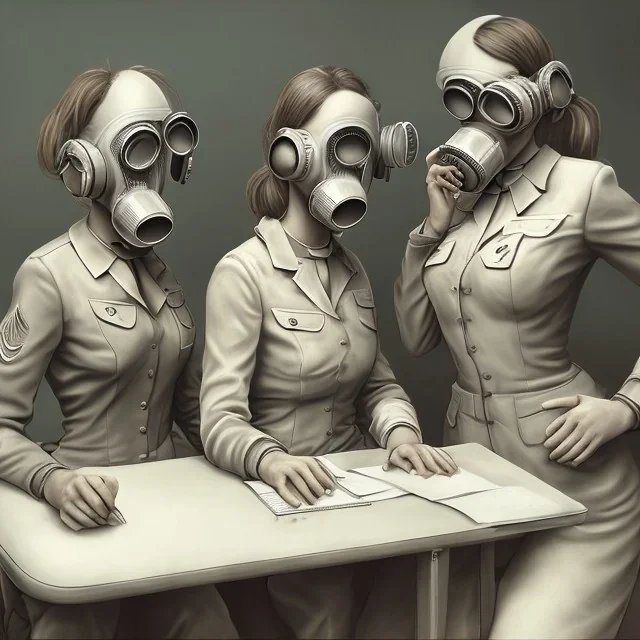 cute girls sitting at the computer in military gas masks. one of the girls is sticking out of the channel