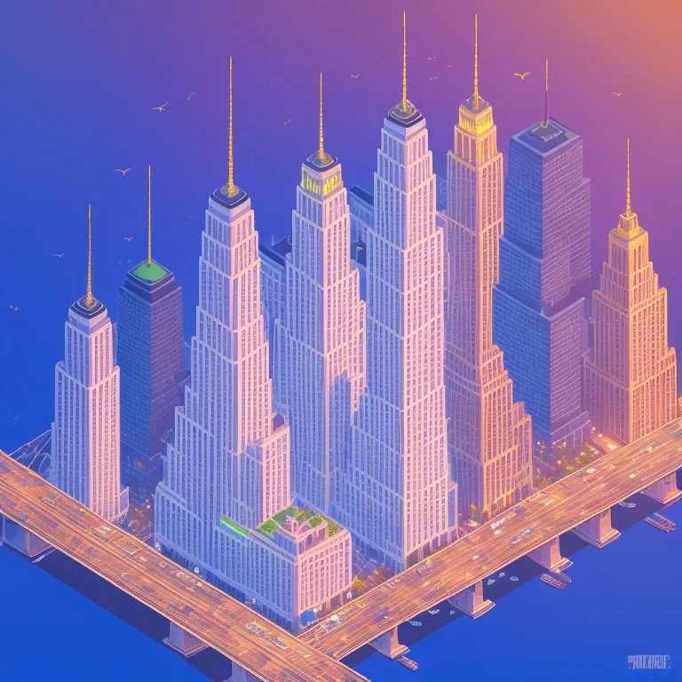 isometric architecture illustration of new york at sunset tilt shit cinematic