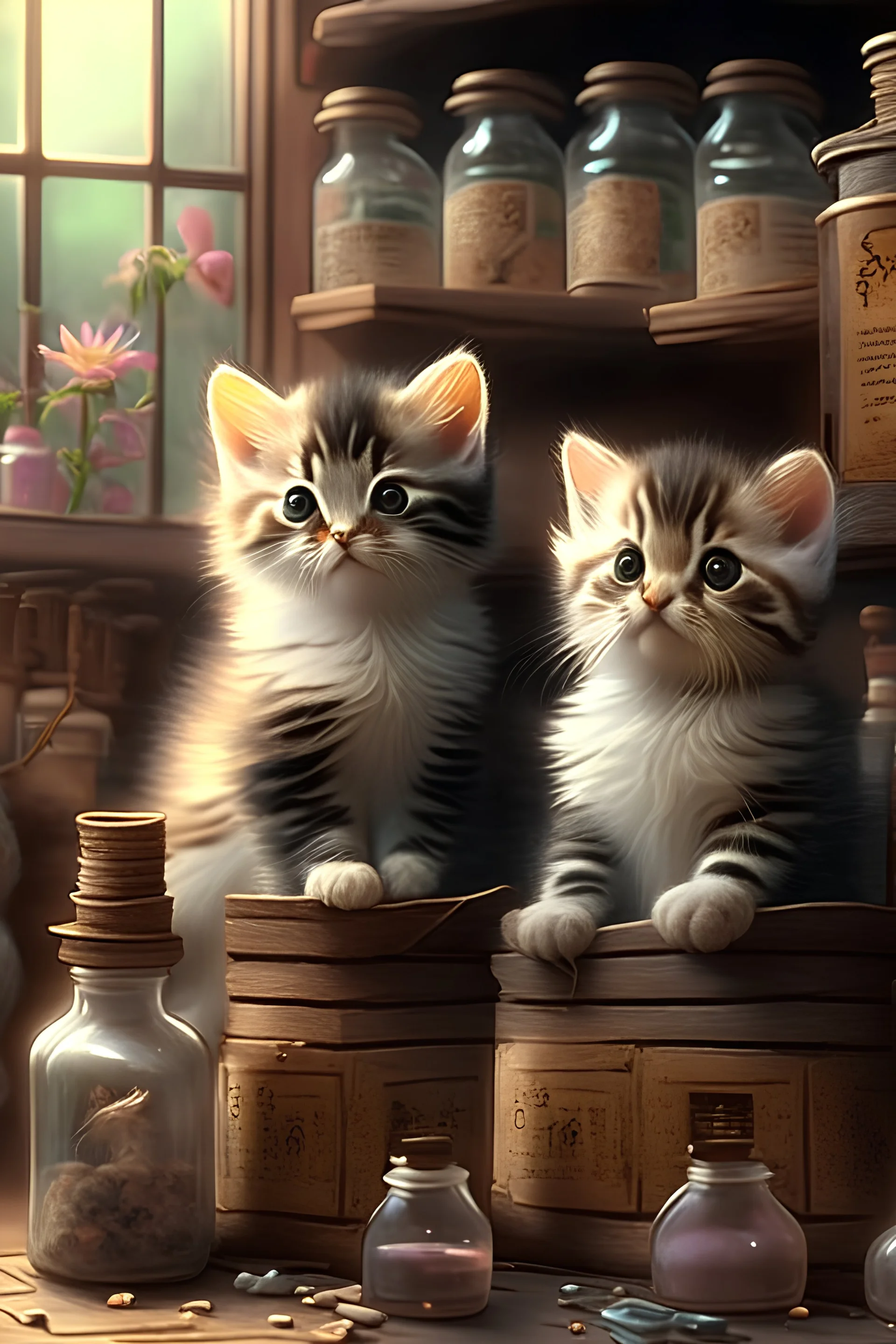 cute Kittens in an apothecary. HD. High quality