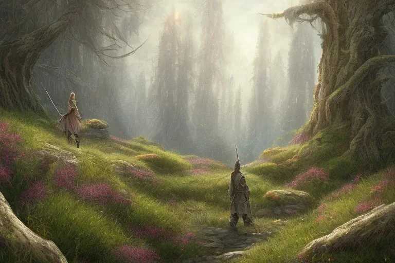 a brave and weary knight wandering alone in a larg pine forest fild with ferns and flowers and in the distans you can see a large mountain range, large landscape, dark fantasy, lord of the rings, RPG, dungeons and dragons