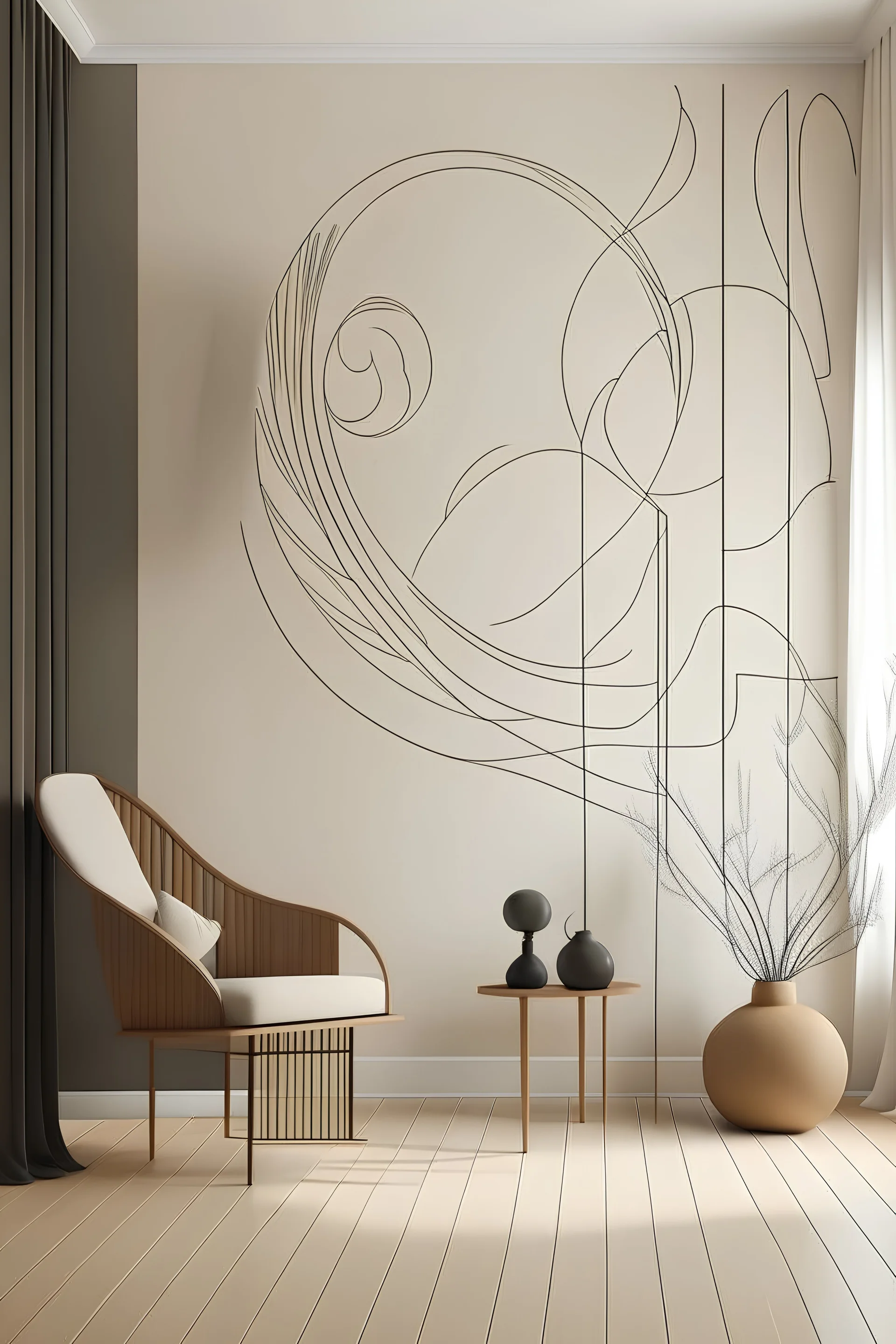 Design a handpainted wall mural with simple curves and arcs for a minimalistic composition that exudes simplicity and elegance."