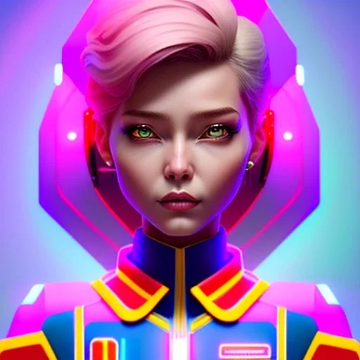 waitress cyber woman, rounded face, pink short hair, purpurin, striped shirt, vibrant color, highly detailed, art stations, concept art, smooth, unreal engine 5, god rays, ray tracing, RTX, lumen lighting, ultra detail, volumetric lighting, 3d, finely drawn, high definition, high resolution.