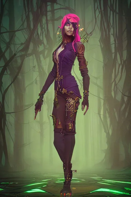 steampunk elf standing in a spooky neon forest