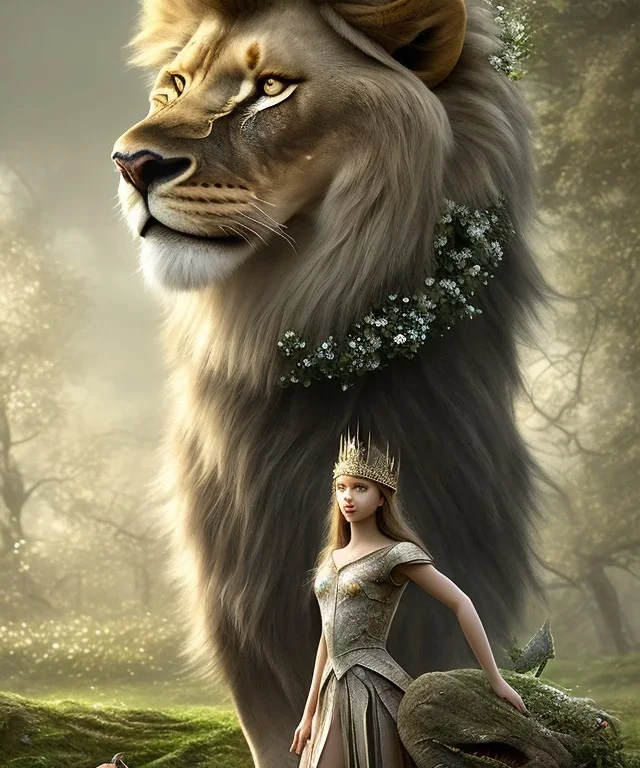 Young beautiful girl wearing floral crown and standing next to a stunning lion on nature forest path, Chronicles of Narnia, 8k resolution, high-quality, fine-detail, iridescent, intricate, digital art, detailed matte, volumetric lighting, beautiful, illustration, 3D octane render, brian froud, howard lyon, selina french, anna dittmann, annie stokes, lisa parker, greg rutowski,