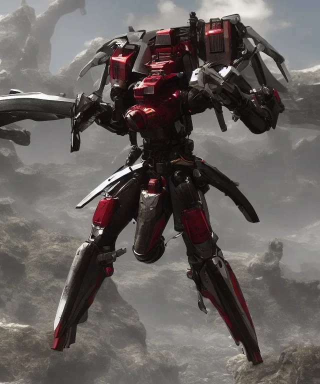 Photorealistic futuristic shiny winged samurai mechwarrior holding large katana on the surface of an alien planet