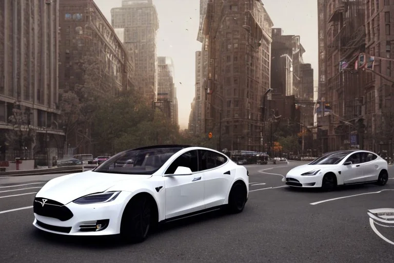 A Tesla 'Model S' is drifting at high speeds, near the Flatiron Building in Manhattan. (CINEMATIC, WIDE ANGLE LENS, PHOTO REAL)