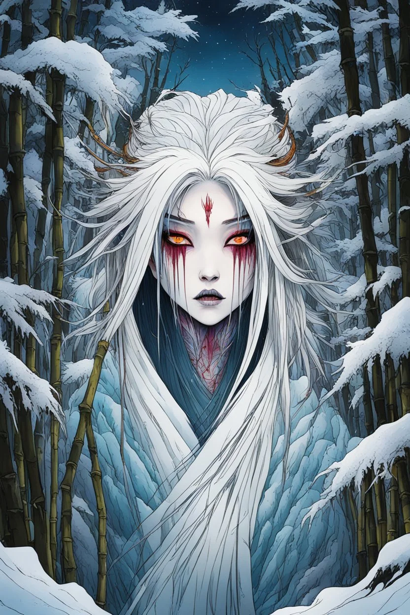 full color front facing portrait of a Yuki-Onna possessed woman with highly detailed hair and slim, narrow facial features, in a haunted snow clad, winter mountain bamboo forest, pierced by shafts of moonlight , danger lurks everywhere but she is undeterred and resolute in her purpose, art in the style of Alex Pardee, spirited away, studio ghibli, , 8k , finely detailed and precise line work, soft gauzy pastel colors