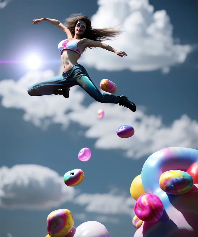 Ultra realistic speed clouds sky scene, wide angle view, sweet women falling down, feather inflatable color clothing, free jumping flying, many trinkets, hair monster, many jelly beans, balls, color smoke, smile, happy, circus style, extreme, wind, clouds sea, 20,000 feet altitude, stratosphere, soft color, highly detailed, unreal engine 5, ray tracing, RTX, lumen lighting, ultra detail, volumetric lighting, 3d, finely drawn, high definition, high resolution.