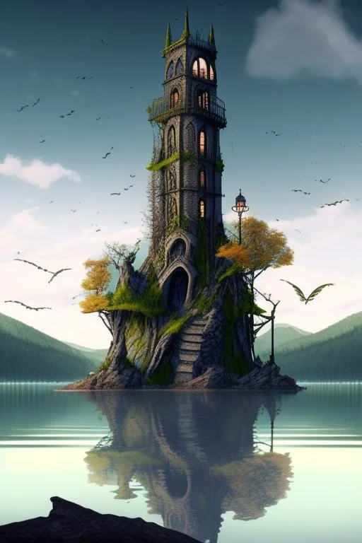 two-story Fantasy Gothic Tower with An Observation Platform, On A Rocky Island, In A Lake, In A Fantasy Woodland, with a bridge