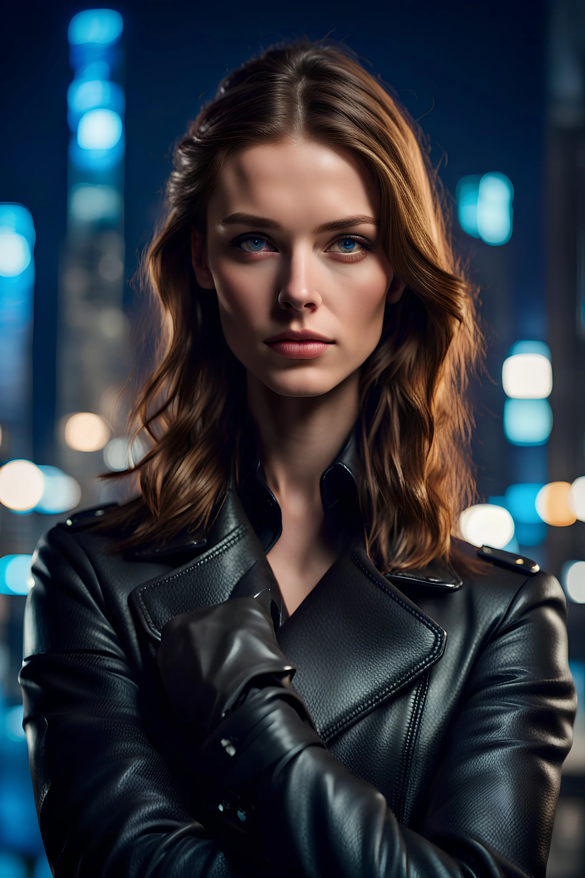 Young woman with Brown Hair, Blue Eyes, Black Leather Coat, Black suit underneath, crossed arms, beautiful face, intense gaze, night, city Background, high detail, 4k, Matrix