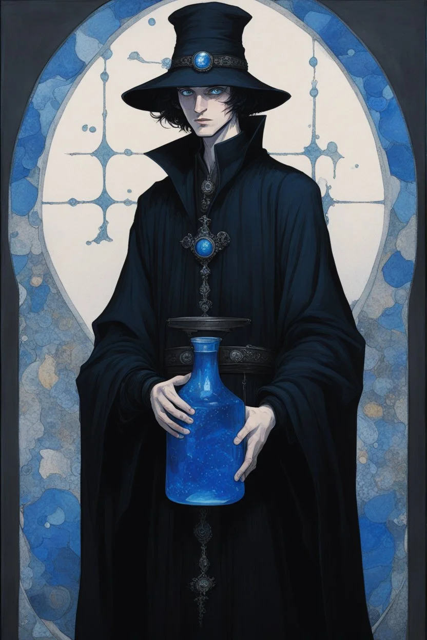 black hair, blue eyes,19year old, male, wearing black robes, alchemist, holding a flask full of blue liquid,wearing crumpled black pointed hat, in the style of Harry Clarke