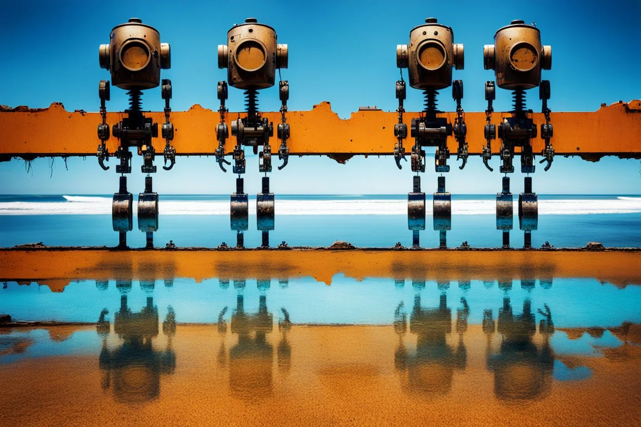 dynamic split stencil of an arafed loop (((polluted radioactive Japanese industrial beach))) overlay of transparent (((robots made of bluish rusty scrap metal))) with arafed Droste-effect juxtaposition, splitting in multiple directions, ((visual echo)) reverberating, amazing verticals, amazing reflections, double negative liminal space, oversize heads looping infinitely within, amazing abstract verticals, amazing reflections, amazing transparency, harsh contrasts, swoosh dynamics