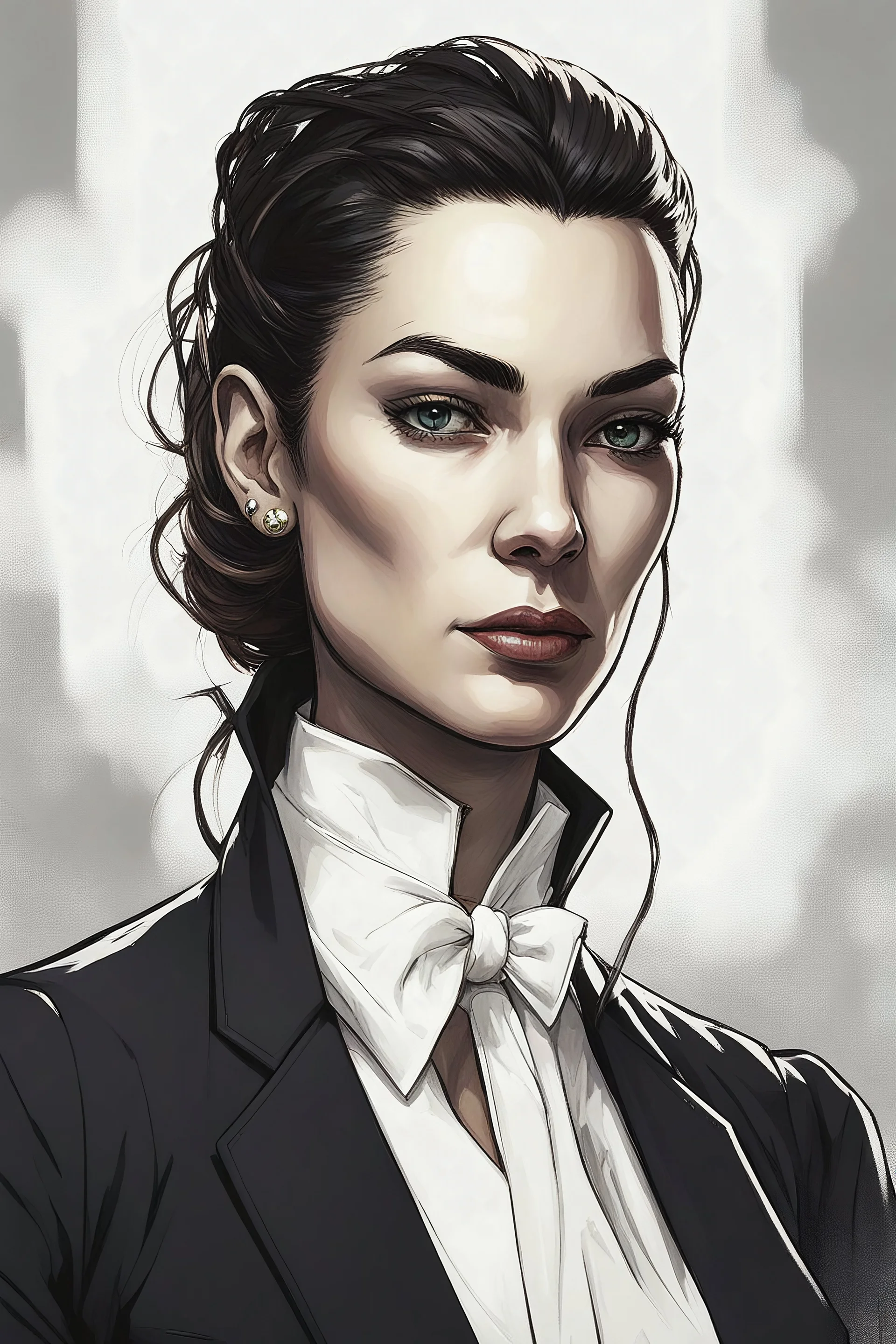 Dungeons and dragons portrait of a woman with sharp facial features wearing a black suit and white tie