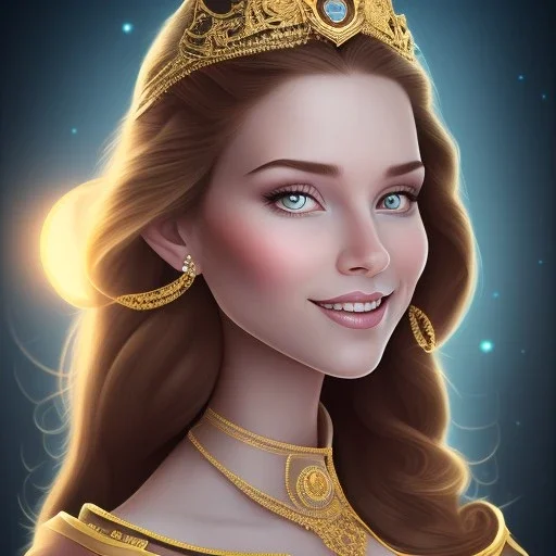 Disney Portrait of a Golden Princess, dark hair, sharp dark eyes, bright blue lighting, sarcastic smile, sharp focus hair.