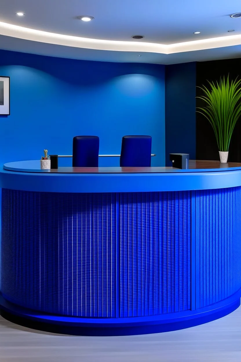 A circular blue reception desk with three chairs