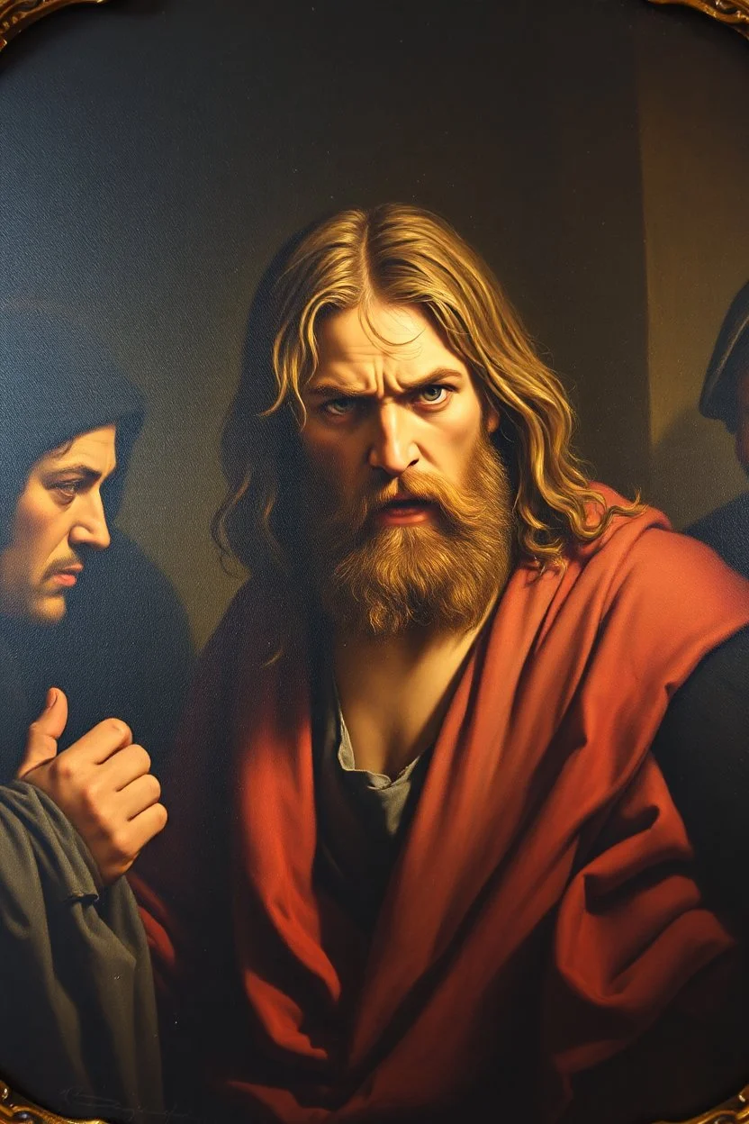 pin hole cam, master oil painting by Rembrandt, realistic rendering Portrait of the angry Jesus in the temple of thieves