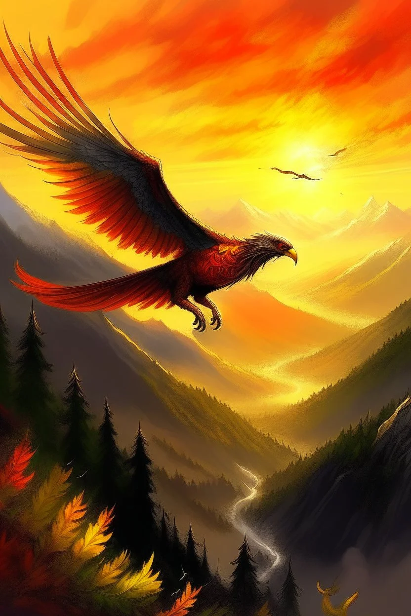 fire bird flying over mountain by Vanga