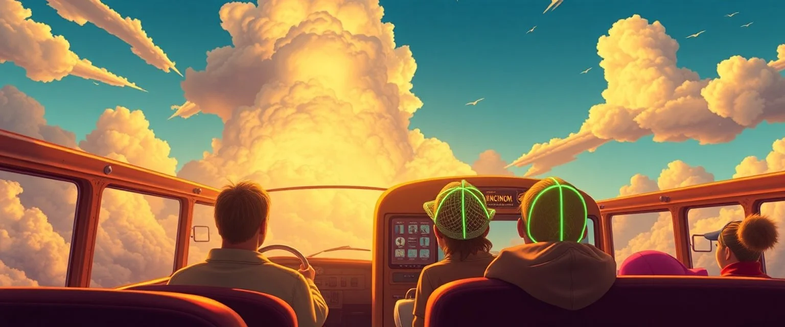 Mr. Jenkins drives a bus of gold, Through cotton-candy clouds and stories untold. Kids in the back, wearing hats of neon light'