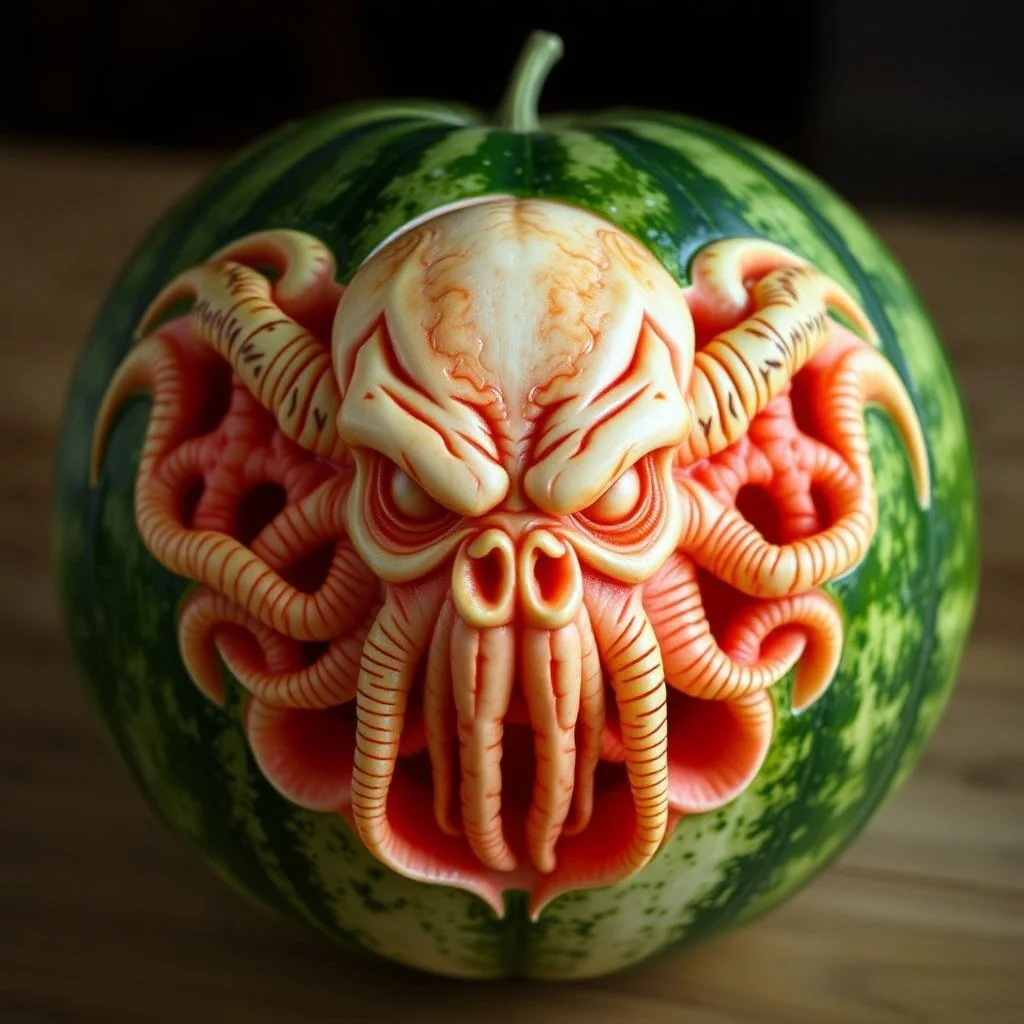 A high-resolution photograph of intricate scrimshaw of the face of Cthulhu carved into a watermelon, surreal, profound,