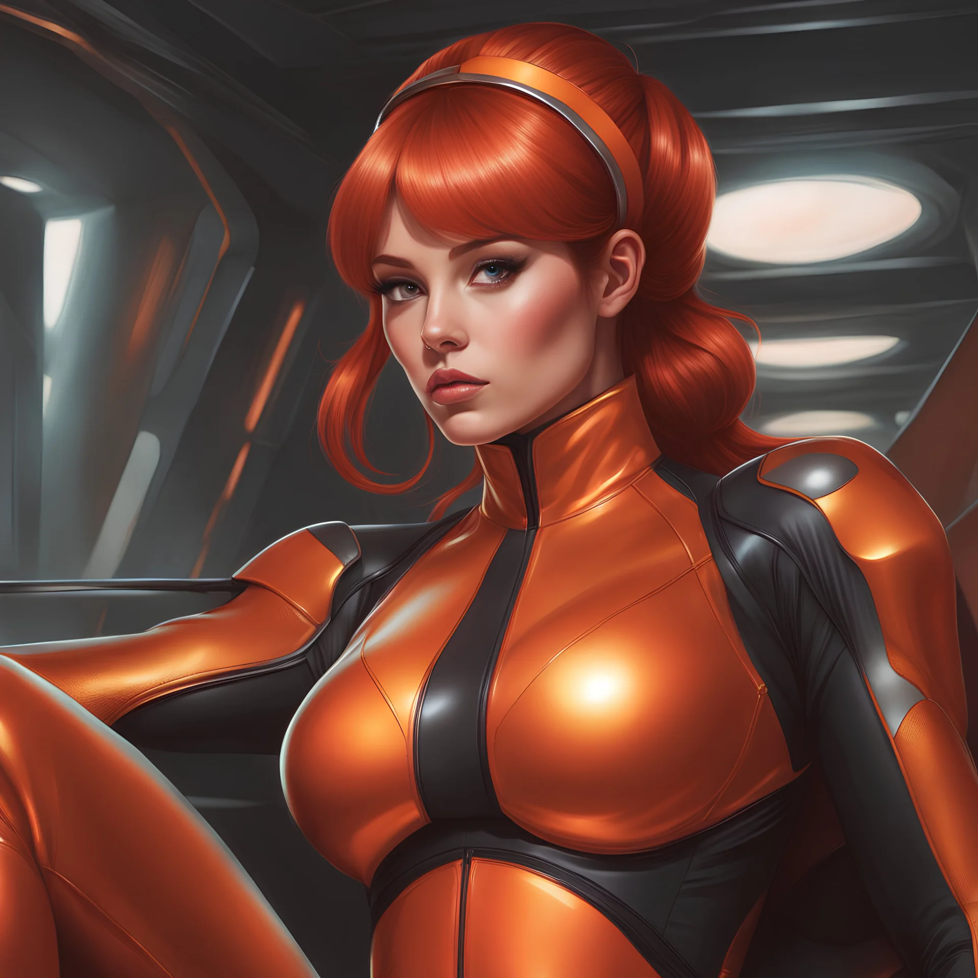 "ultra detailed illustration of a woman sitting, red hair tied at the back of the head, , wearing orange holographic latex jumpsuit ,""tricate details," "by Artgerm, Greg Olsen, Pixar, WLOP :: hyperrealistic , hyper detailed, photorealistic :: a masterpiece, incredible composition, amazing depth, imposing, meticulously composed, 8k""fantasy art cover magazine""