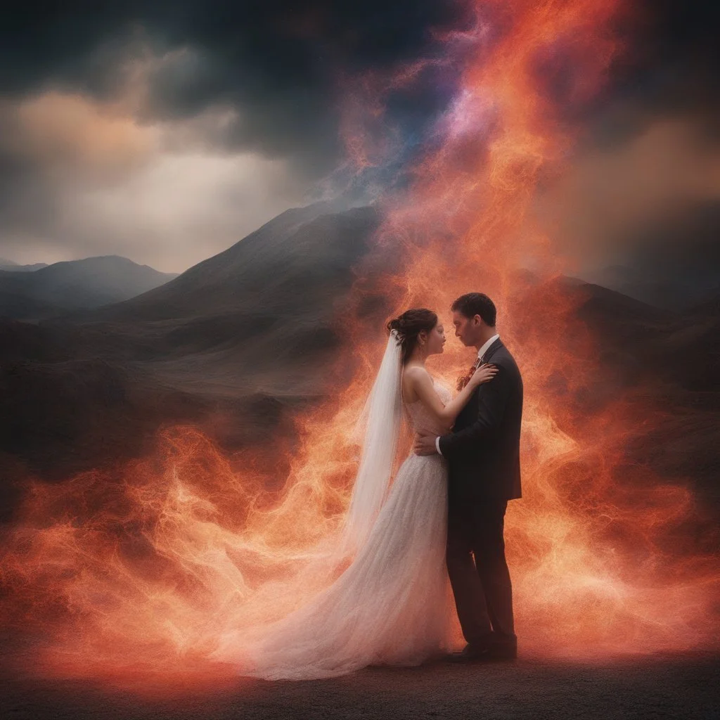 Bursting Blood vessels, heart-shaped, electrifying, close-up, Head and shoulders portrait of the bride and the mummy, double exposure shadow of the ghost, Invisible, poignant, extremely colorful, Dimensional rifts, multicolored lightning, outer space, planets, stars, galaxies, fire, explosions, smoke, volcanic lava, Bubbles, craggy mountain peaks the flash in the background, 32k UHD, 1080p, 1200ppi, 2000dpi, digital photograph, heterosexual love, speedforce