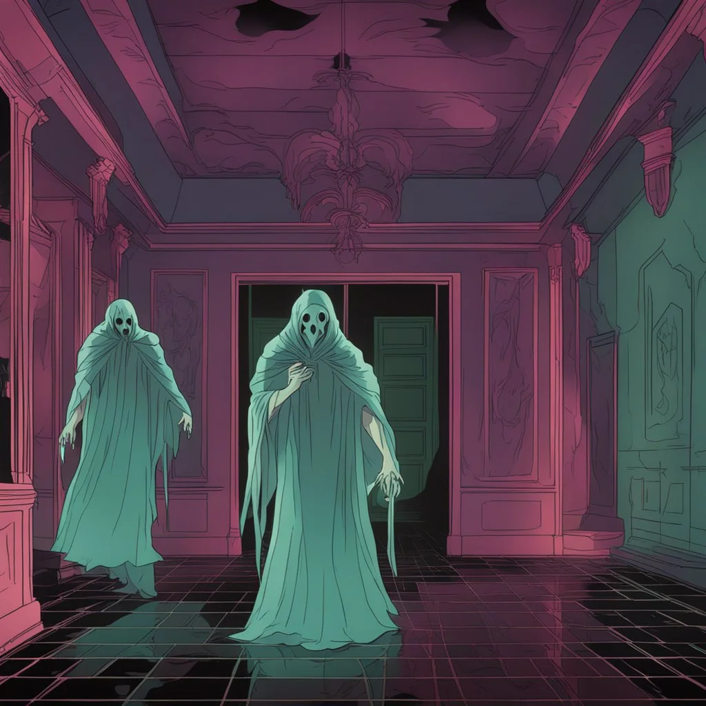 ghostly wraiths and smoky phantoms in a hall with broken mirrors in cinemascope colors