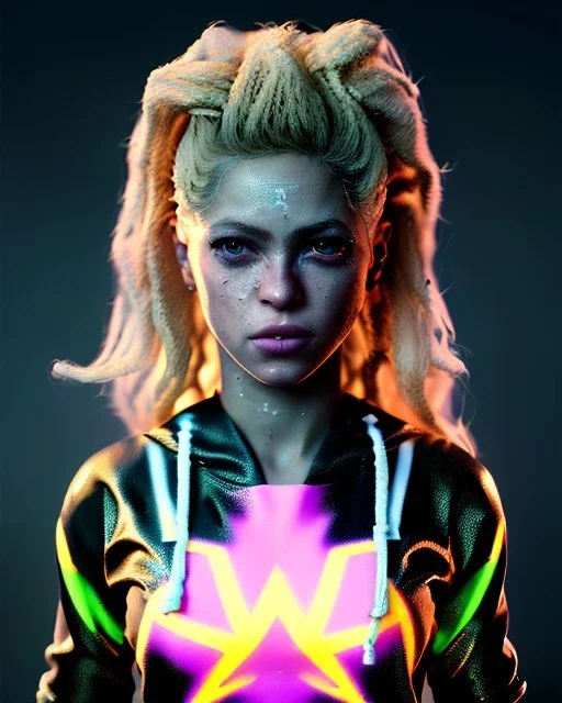 portrait, Shakira, blonde artist, angry, Realistic image, MMA robe, hoodie, mma gloves, fight pose, make-up make-up, gold line make-up, sweat, fog, goddess style, Neon colors, leds. Black background, photo studio, concept art, smooth, unreal engine 5, god lights, ray tracing, RTX, lumen lighting, ultra detail, volumetric lighting, 3d, finely drawn, high definition, 4k.