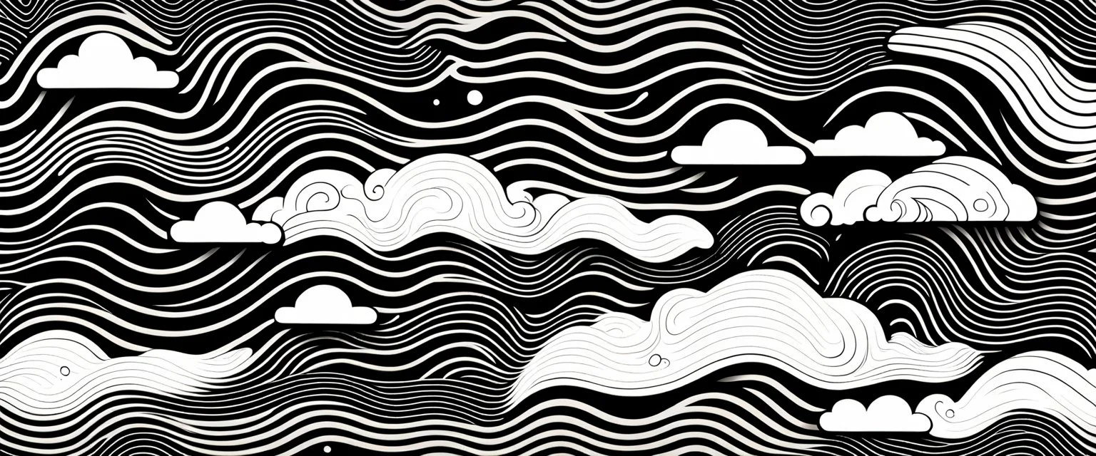a series spaced curved and looping horizontal lines with paths inspired by clouds bubbles and flowers, cloud topography, whimsical cute, kawaii, black lines on white, vector lines