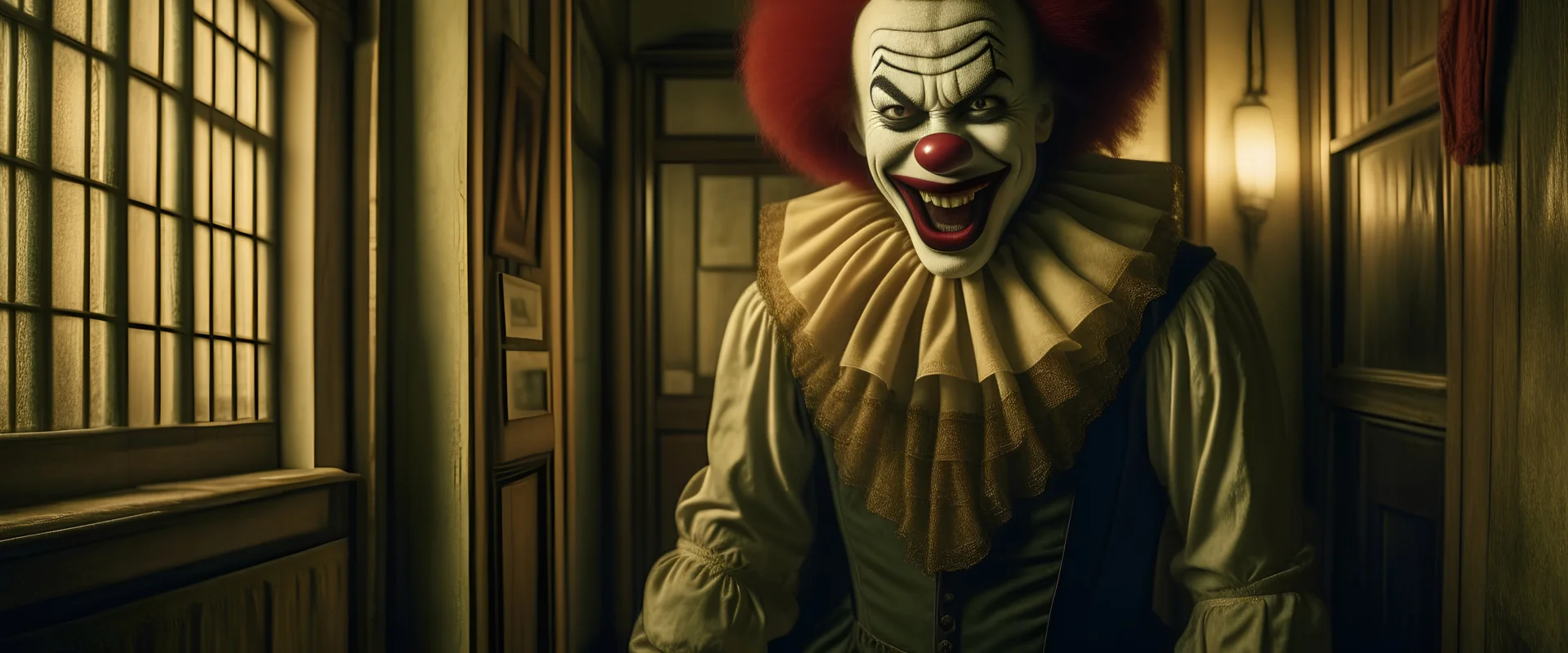 pennywise character with scary laugh in abounded house, Old place, horizontal character, 8k