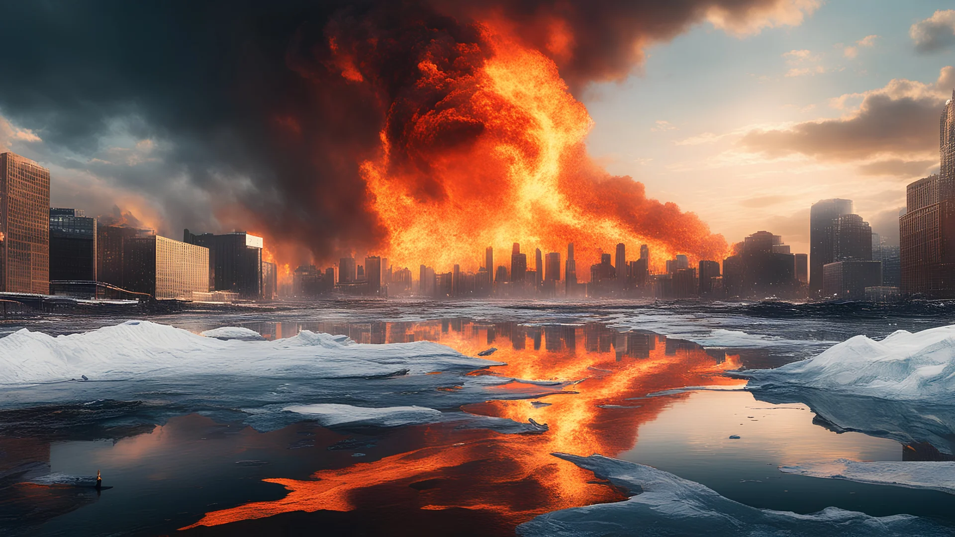 Create an image portraying Earth engulfed in flames, with melting ice caps and flooded cities in the background. Show distressed wildlife struggling to survive amidst the devastation, while a solitary figure stands with determination, holding a wilted plant as a symbol of hope for the future. Capture the urgency and severity of the climate crisis, urging viewers to take action before it's too late