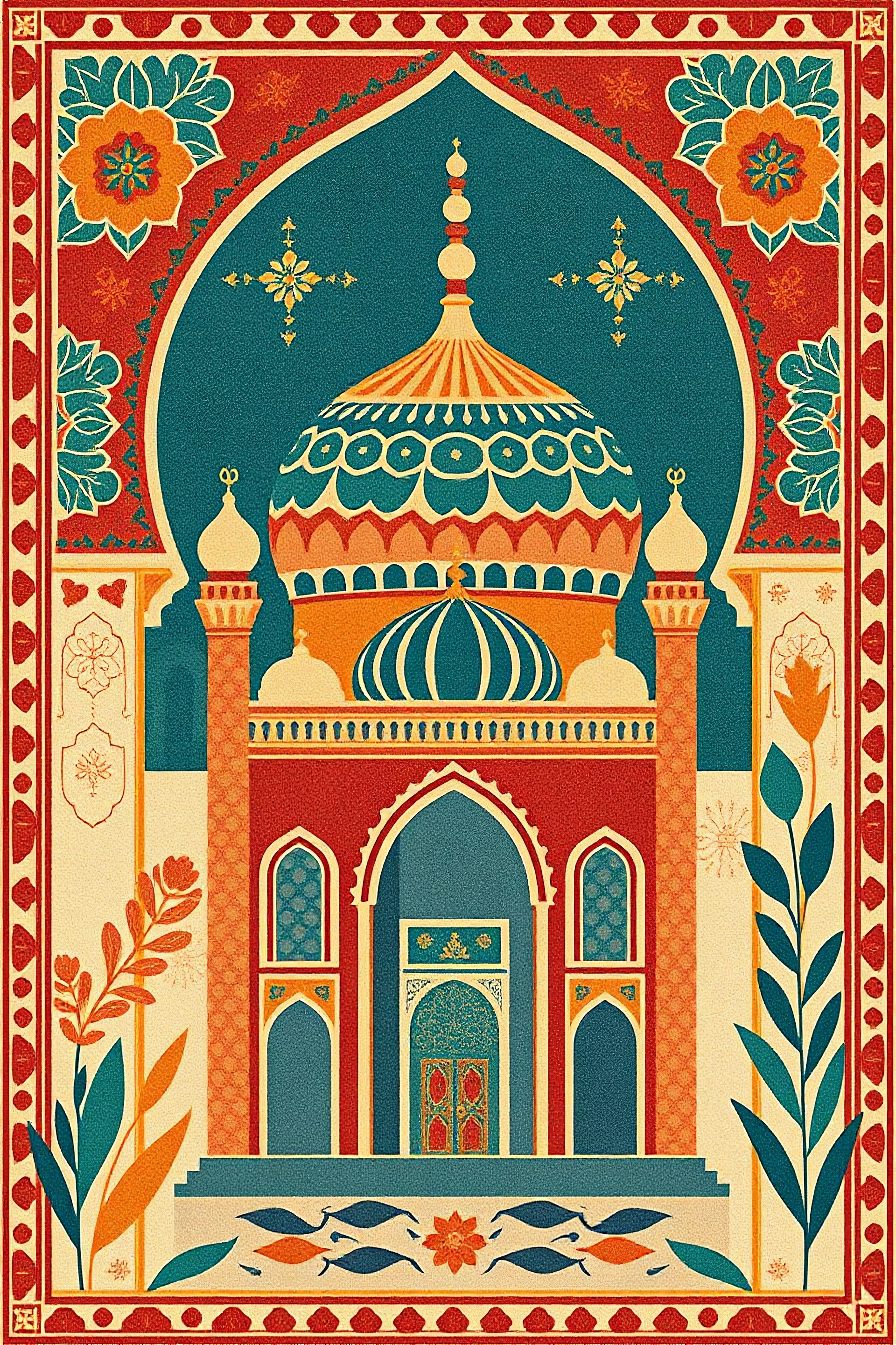 Design a mobile wallpaper in the style of Islamic art, without showing a mosque, mix several colors together, mix geometric and plant shapes, do not make the design traditional, but innovative.