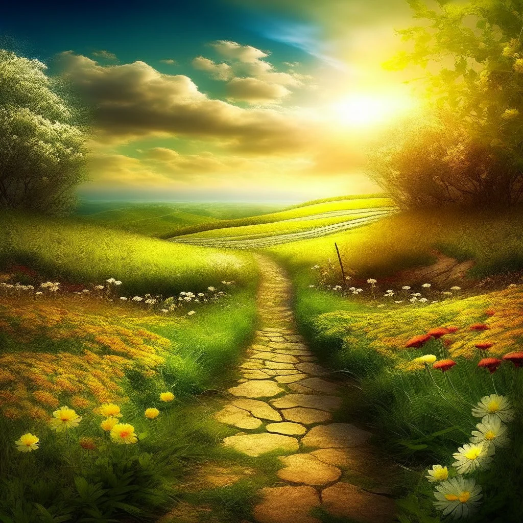 Fantasy style image. The image is intended to express that an easy path does not lead to success, but the path that requires effort and overcoming obstacles deserves a reward. A country with two roads. Route 1 very beautiful, full of sunshine and flowers in the field. However, there is no reward waiting at the end of Path 1. Road 2 full of pitfalls and obstacles, a storm in the sky, but a reward awaits at the end of the road.