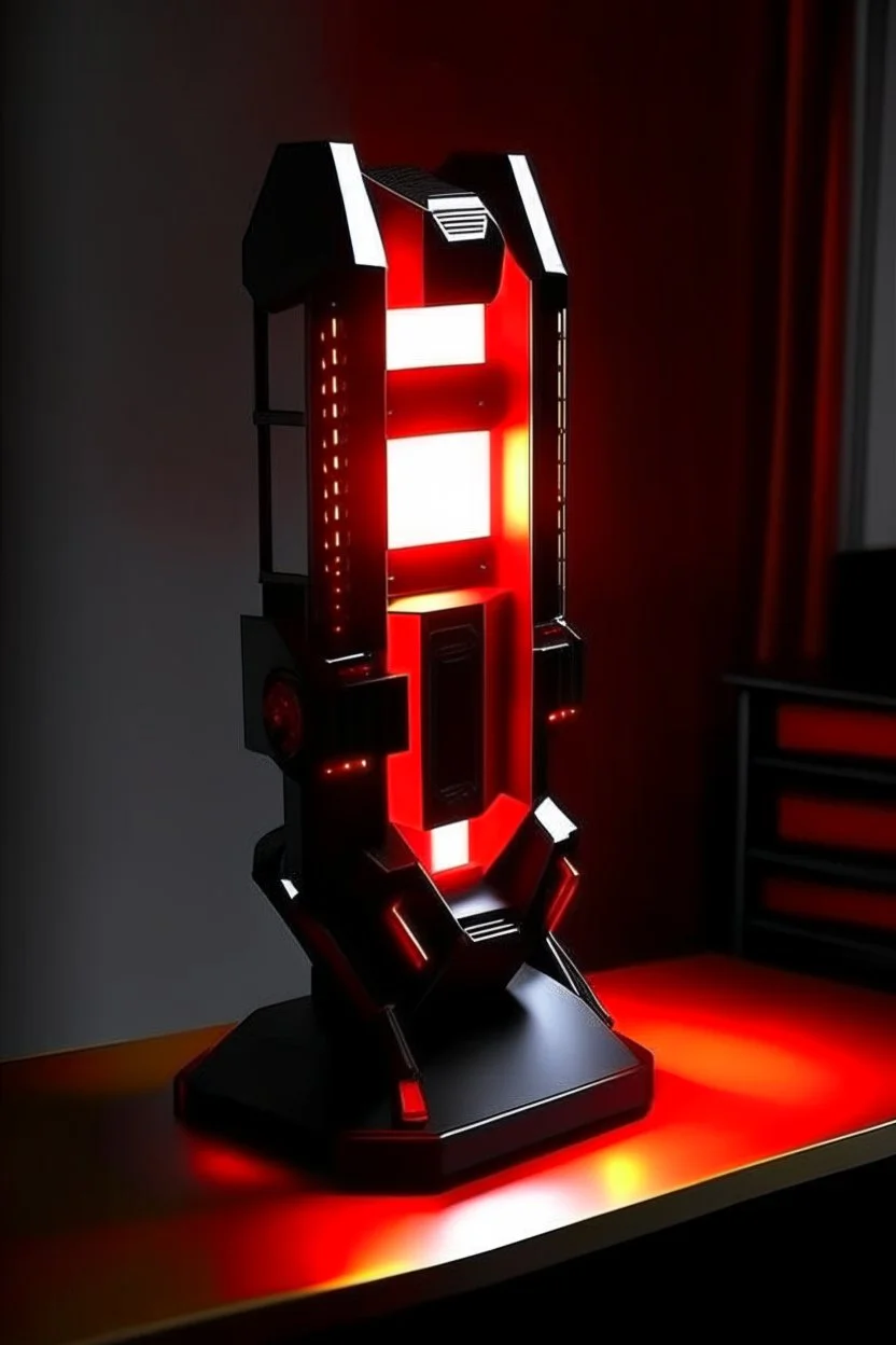 gaming lamp, form inspired by avengers tower, architecture form, modern design style and black and red color