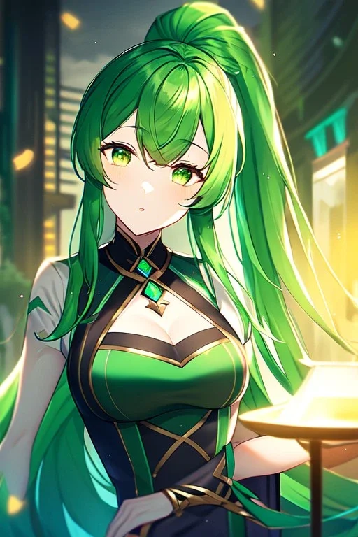 girl, masterpiece, best quality, cinematic lighting, detailed outfit, vibrant colors, perfect eyes, long hair, green hair, green eyes, ponytail,