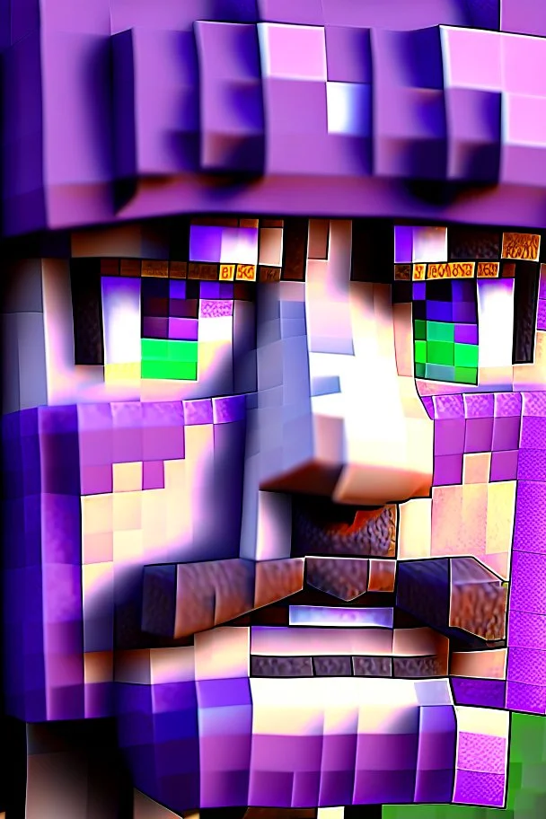 a close-up portrait of a purple Minecraft face, farmer, 3d, large pixel style