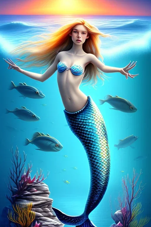 long hair mermaid with white top on the rock in the ocean