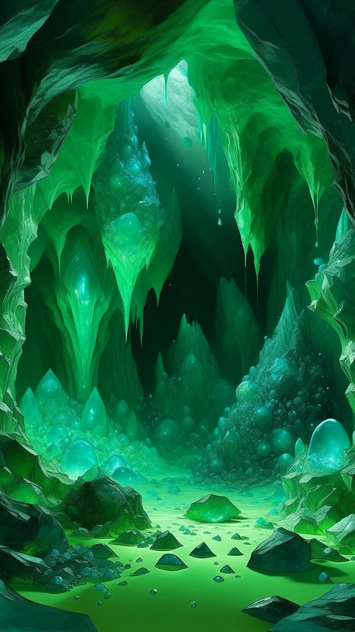 A greenish blue cavern with crystals and gems painted by Giovanni Battista Sassi