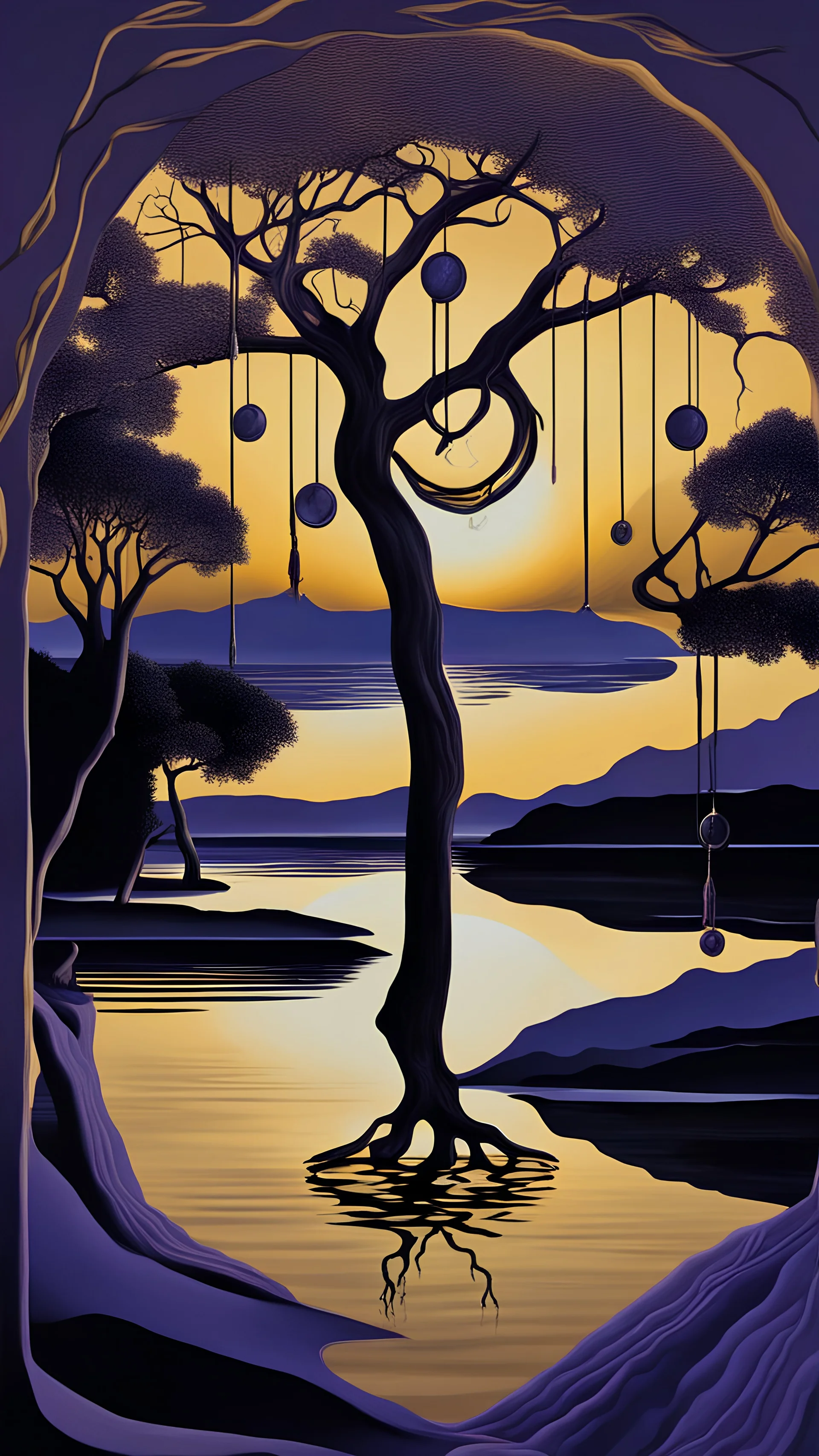 A photo realistic lake, at sunset, surrounded by trees. In the foreground there are clocks melting and draping over the tree branches, Salvador Dali 'Persistence of Memory', surrealism, past, present, future, conceptual art, golden, deep purple, navy, no people. Sophisticated colour pattern.