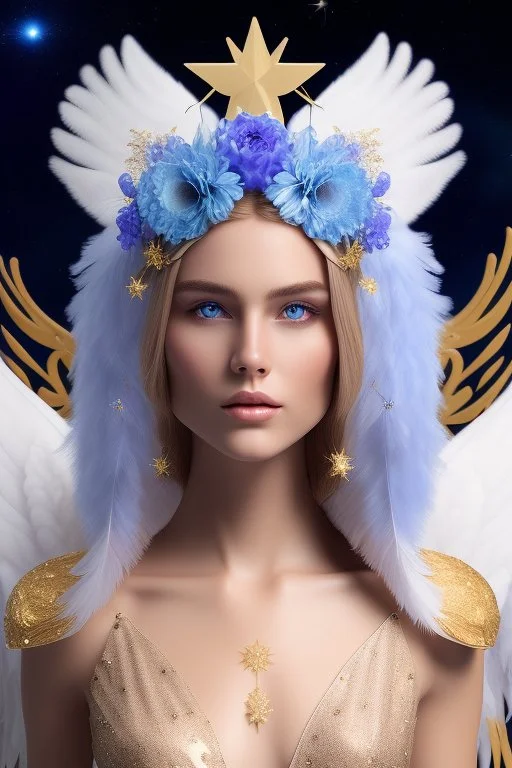 Flower, angel man, (detailed face )++, (detailed blue eyes)++ (long blond hair)++(pectoro visible)++(smile)++, , (two feathered wings on his shoulder blades)++, beautiful place, incredible, cosmic, colours, planet, gold, realistic, real photo, stars at night, detailed, high contrast, 8k high definition, unreal engine 5, extremely sharp details, (lighting effect, light background)++.