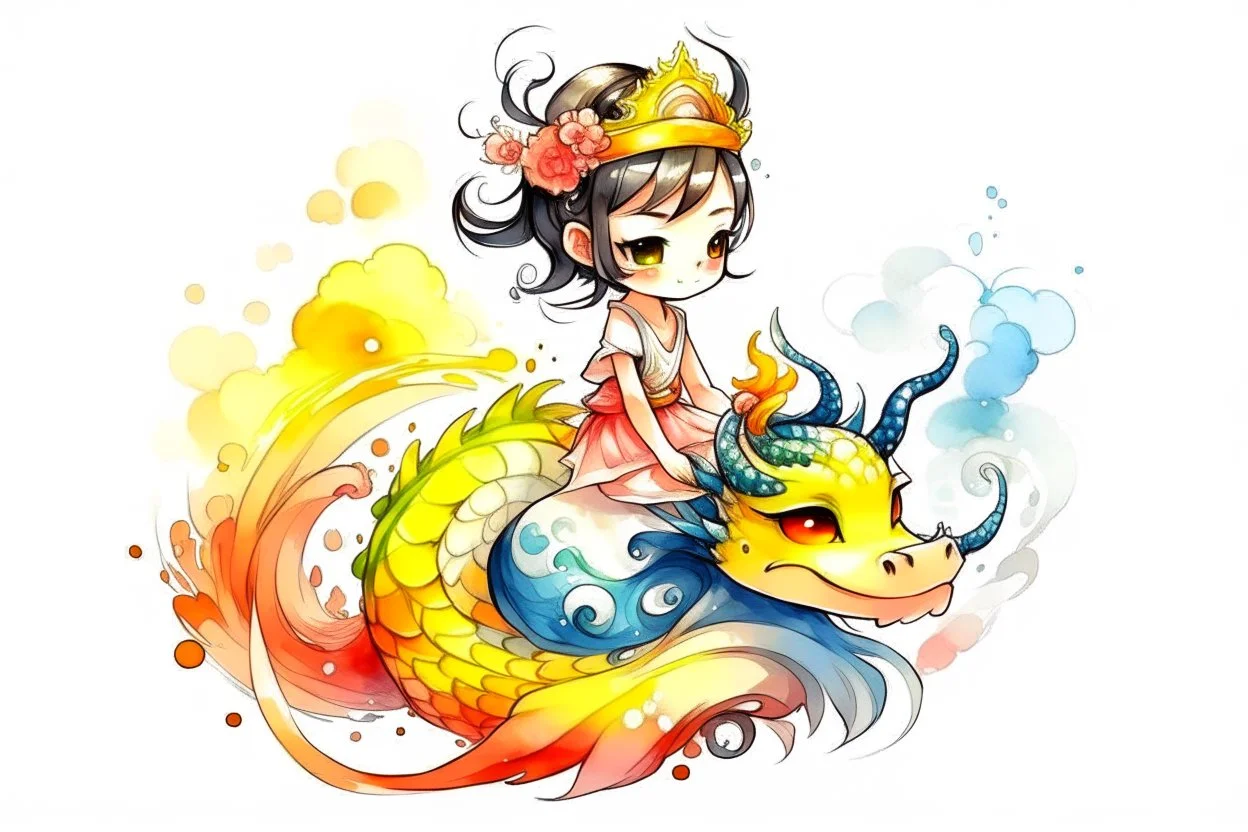 a cute anime chibi princess sitting on a wild chinese dragon and dynamically riding it, melting watercolor and black ink outlines on wet paper, soft, shading strokes, in sunshine, ethereal, otherwordly, cinematic postprocessing, bokeh, dof