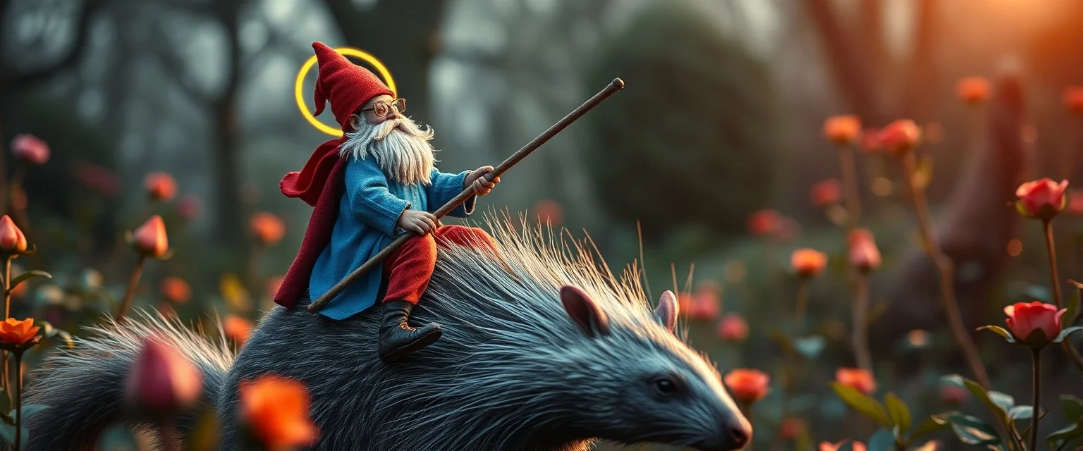 depth of field, halo, close up on blue and red clothed gnome riding opossum squirrel with lance in garden of eden in the style of Escher and Giger
