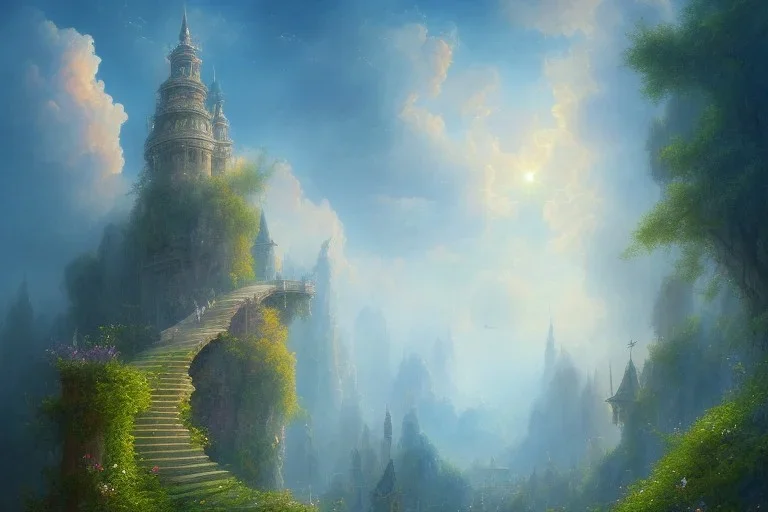 mythical long stairway up to heaven in the sky, beautiful colours, romanticism, fantasy, Neo-Impressionism, fine art