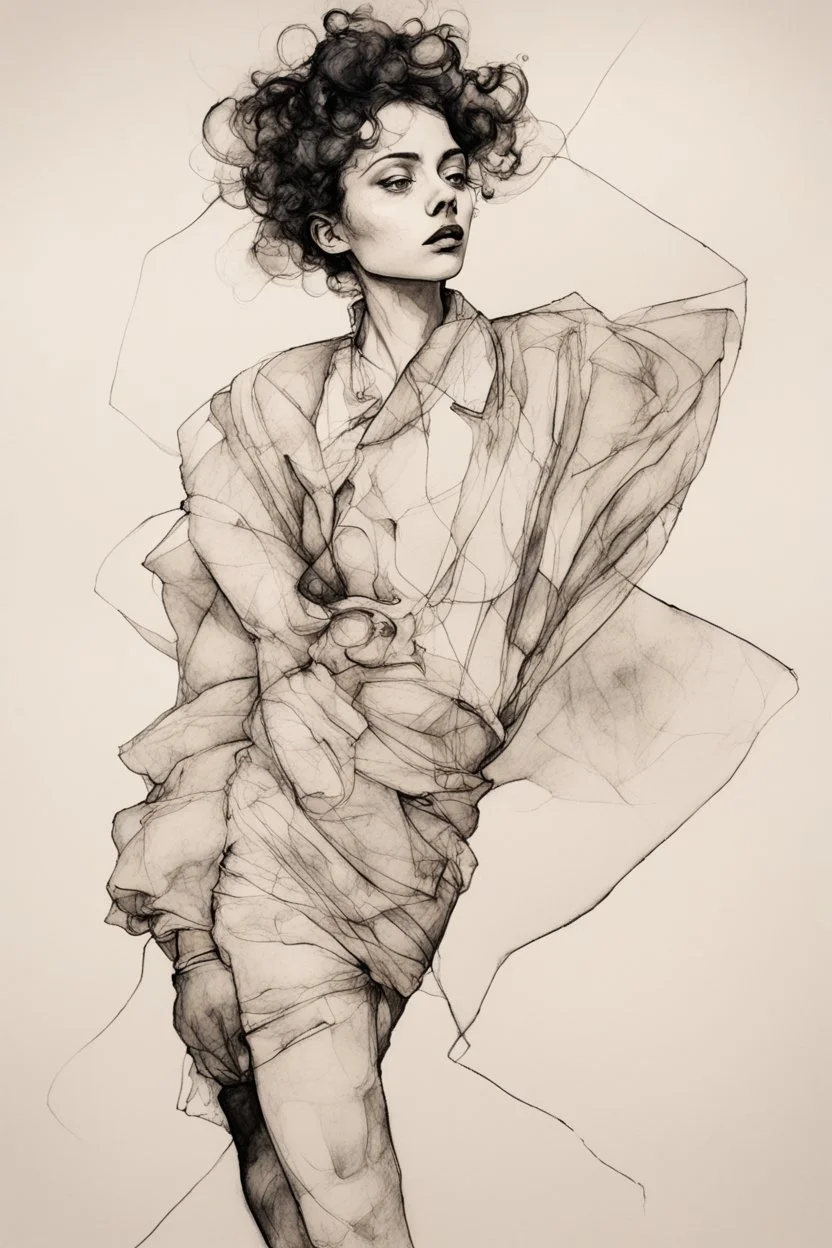 The perception of newness comes from a female figure with that undergoes a transformation after some specific action and adapts to a new space as if in the form of a garment, ink, EGON SCHIELE style, maximum detail, quality textures, bright lighting, high resolution