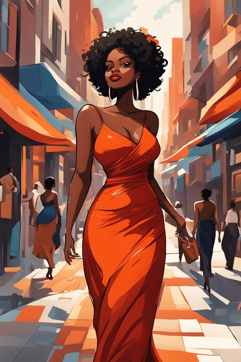 In this abstract art cartoon image, we witness the vibrant energy of a curvy black female as she strolls through the bustling city streets. She wears a striking burnt orange off-the-shoulder maxi sundress that flows gracefully around her figure, catching the eye of passersby with its bold color. Her face is adorned with prominent makeup, accentuating her features with warm tones that complement her brown eyes. A confident smile plays upon her lips as she takes in the sights and sounds of the ur