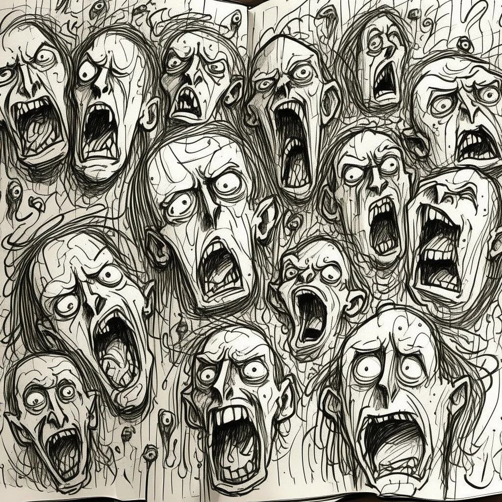 sketch line, rought, of faces on a pages, screaming and sad, demented, mad, journal