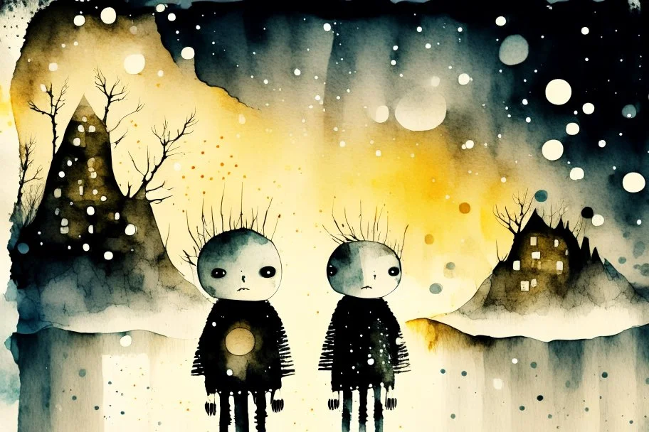 double exposure, merged layers, Covered Mountains in snow cold winter at night, styles of Paul Klee Dee Nickerson and Tim Burton, cute chibi scary monster, melting watercolor and black ink outlines on wet paper, soft, shading strokes, in sunshine, ethereal, otherwordly, cinematic postprocessing, bokeh, dof