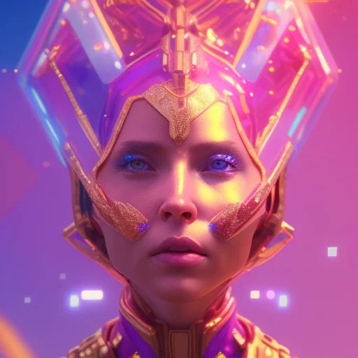 A portrait of a crystalised blue pink extraterrestrial, gold, diamonds, sunny background, atmospheric, realistic, unreal engine, 8k. Cinematic lighting, octane render.