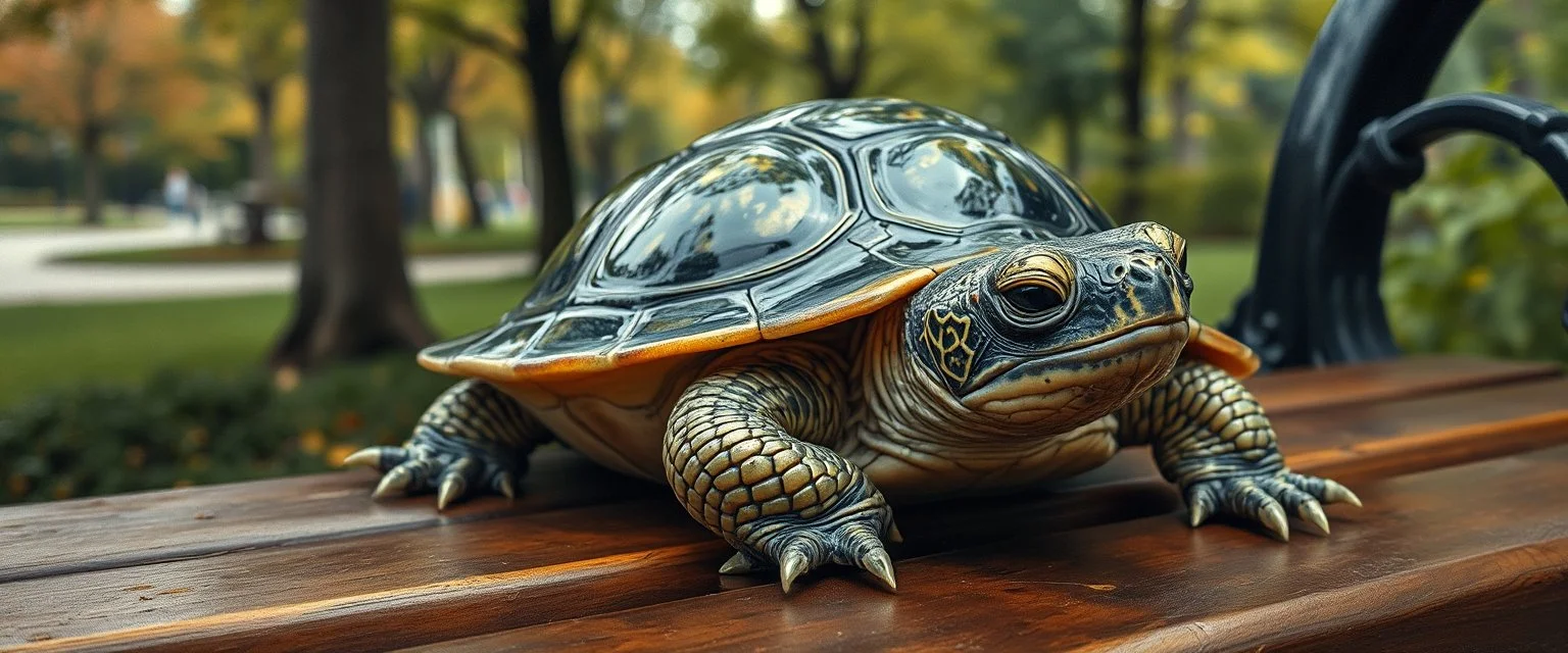 master oil painting by Rembrandt, close up portrait of transparent translucent dragon turtle sleeping on a bench in the park