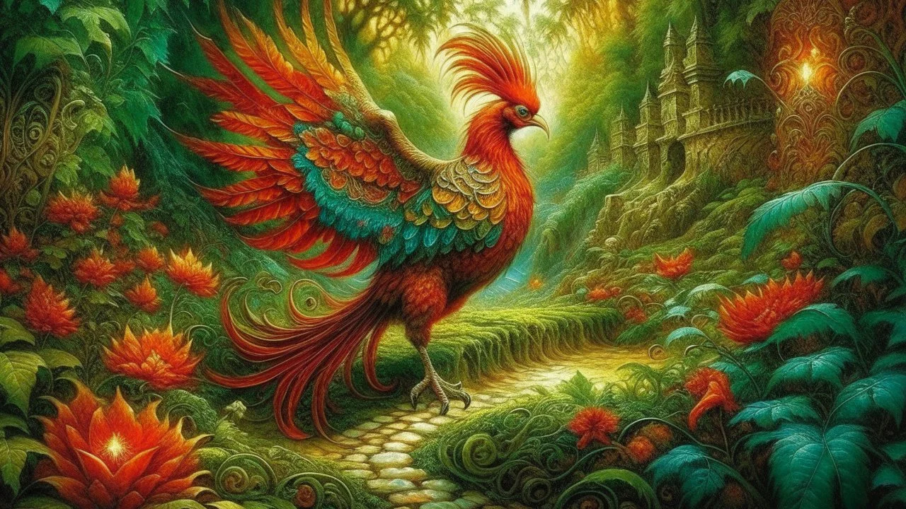 Slavic mythology enchanting garden with lush greenery and beautiful stone winding paths. Depict only one creature: the Firebird. The body of the Firebird is adorned with feathers of vibrant red, orange, and gold, each one glowing with an otherworldly brilliance.